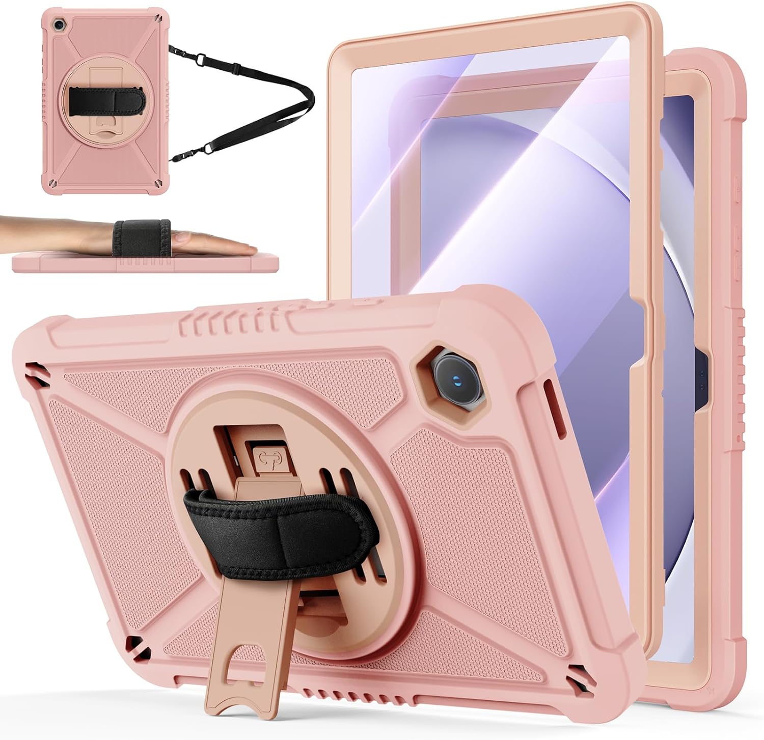 ZtotopCases for Samsung Galaxy Tab A9+ / A9 Plus 11'' 2023 (SM-X210/X216/X218), Shockproof Hard Duty Case with Screen Protector+360 Rotating Hand Strap&Stand+Shoulder Strap for Tab A9+ Tablet, Pink