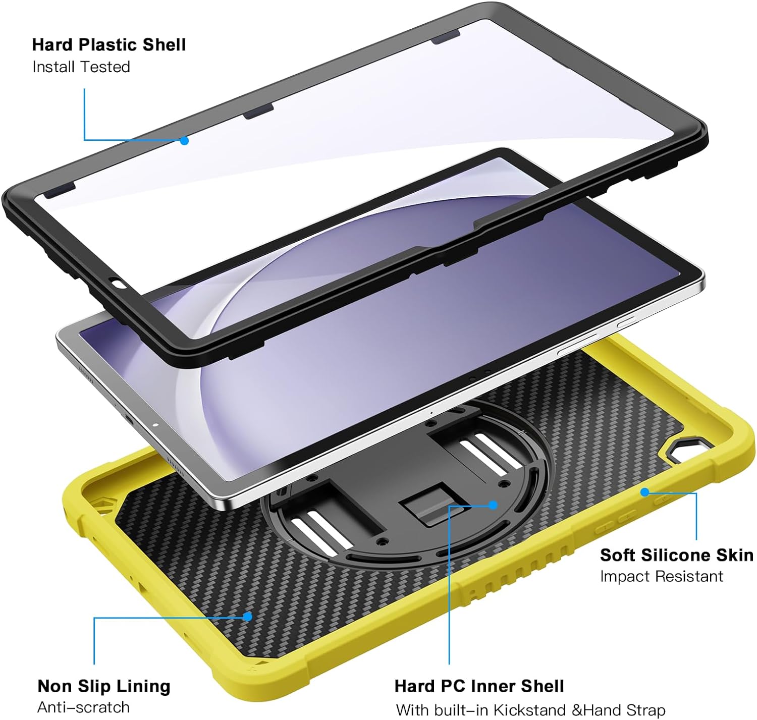 ZtotopCases for Samsung Galaxy Tab A9+ / A9 Plus 11'' 2023 (SM-X210/X216/X218), Shockproof Hard Duty Case with Screen Protector+360 Rotating Hand Strap&Stand+Shoulder Strap for Tab A9+ Tablet, Yellow