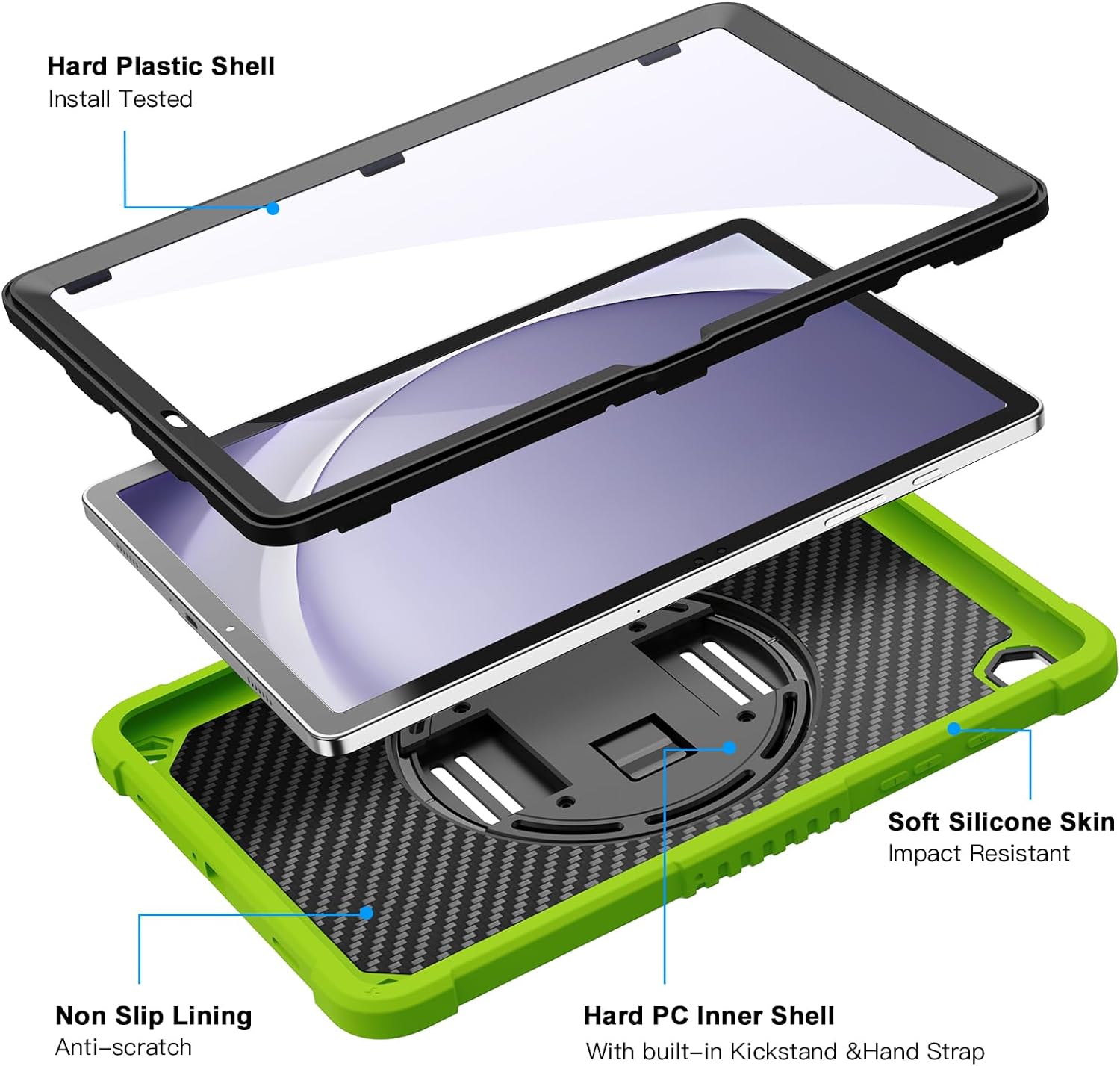 ZtotopCases for Samsung Galaxy Tab A9+ / A9 Plus 11'' 2023 (SM-X210/X216/X218), Shockproof Hard Duty Case with Screen Protector+360 Rotating Hand Strap&Stand+Shoulder Strap for Tab A9+ Tablet, Green