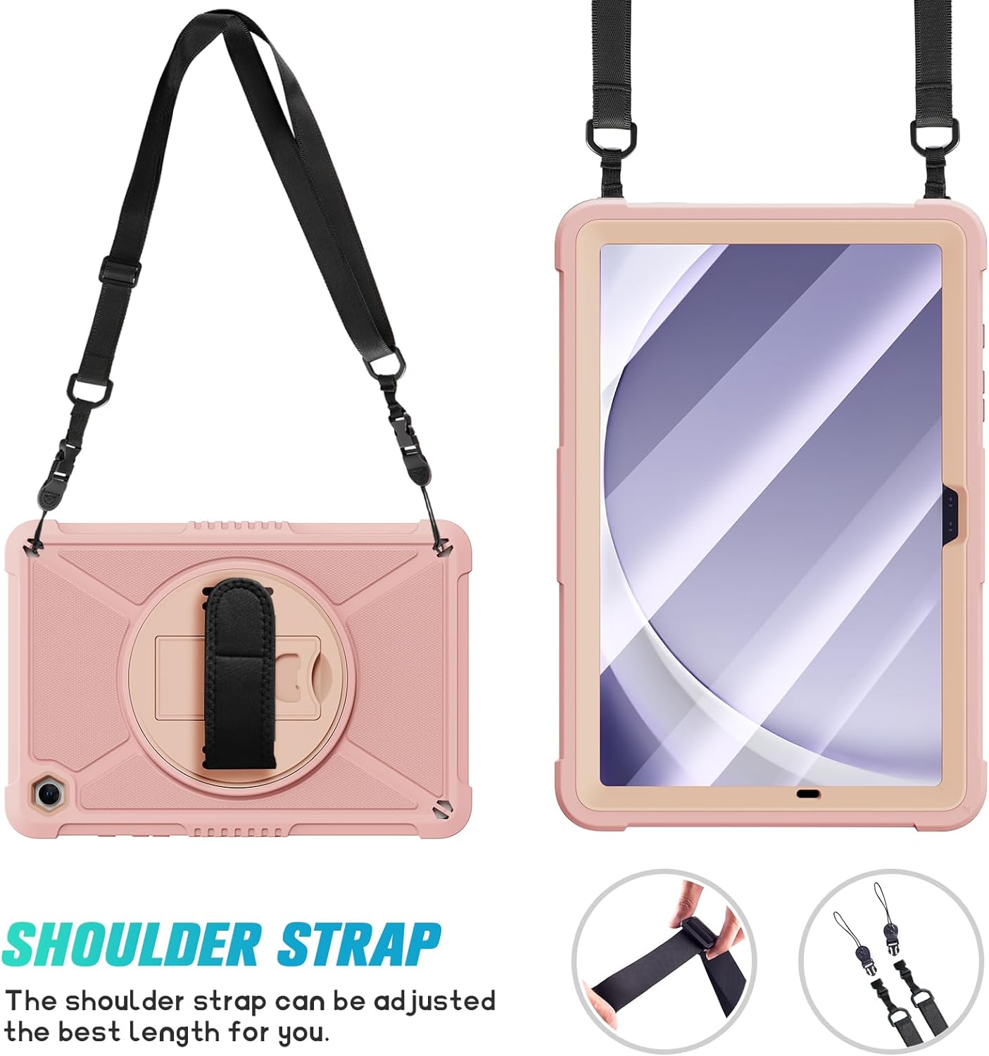 ZtotopCases for Samsung Galaxy Tab A9+ / A9 Plus 11'' 2023 (SM-X210/X216/X218), Shockproof Hard Duty Case with Screen Protector+360 Rotating Hand Strap&Stand+Shoulder Strap for Tab A9+ Tablet, Pink