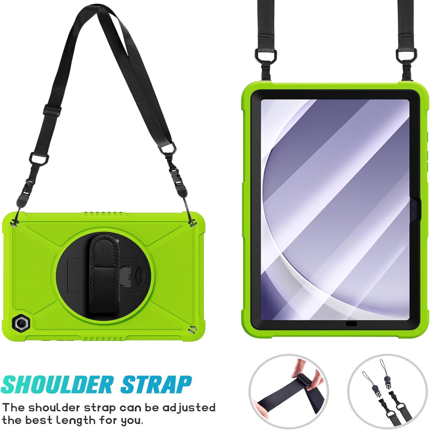 Samsung Galaxy Tab A9+ / A9 Plus 11''Shockproof Hard Duty with Screen Protector+360 Rotating Hand Strap&Stand+Shoulder Strap Case-Green