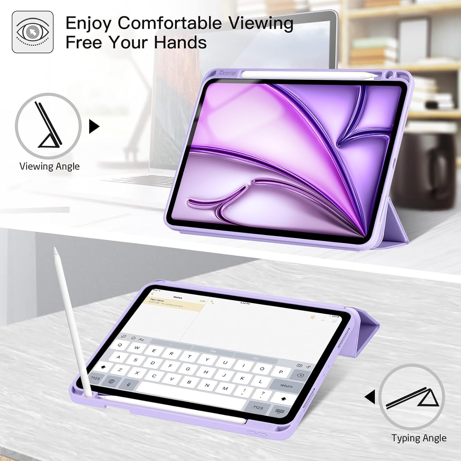 ZtotopCases for iPad Air 6th Generation 11 Inch 2024 Case & iPad Air 5th/4th Gen 10.9 Inch 2022/2020 & iPad Pro 11" 2018 1st with Pencil Holder, Soft TPU Back Slim Trifold Smart Cover, Purple