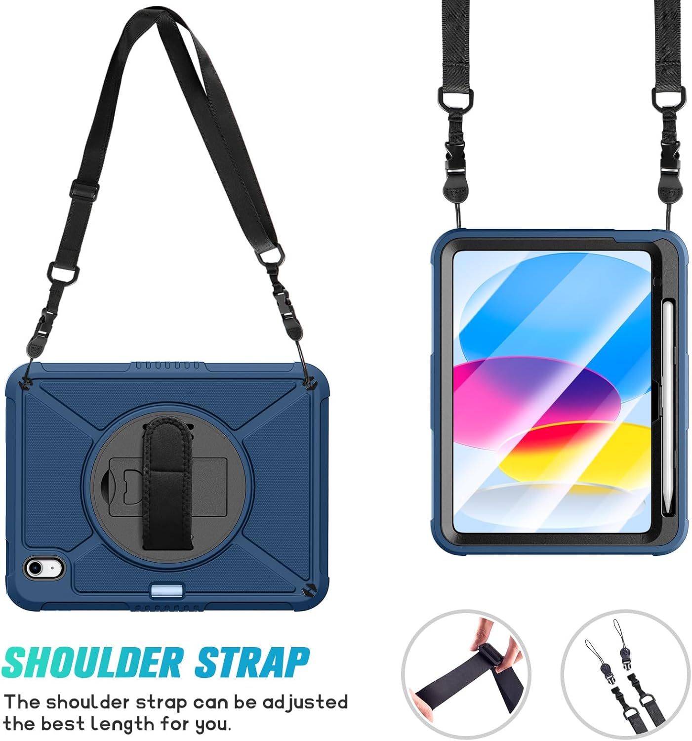 ZtotopCases for iPad 10th Generation Case 10.9 Inch with Screen Protector, Pen Holder, Handle Shoulder Strap,360 Rotating Stand Rugged Protective Case for iPad 10th Gen 2022(A2696/A2757/A2777), Blue