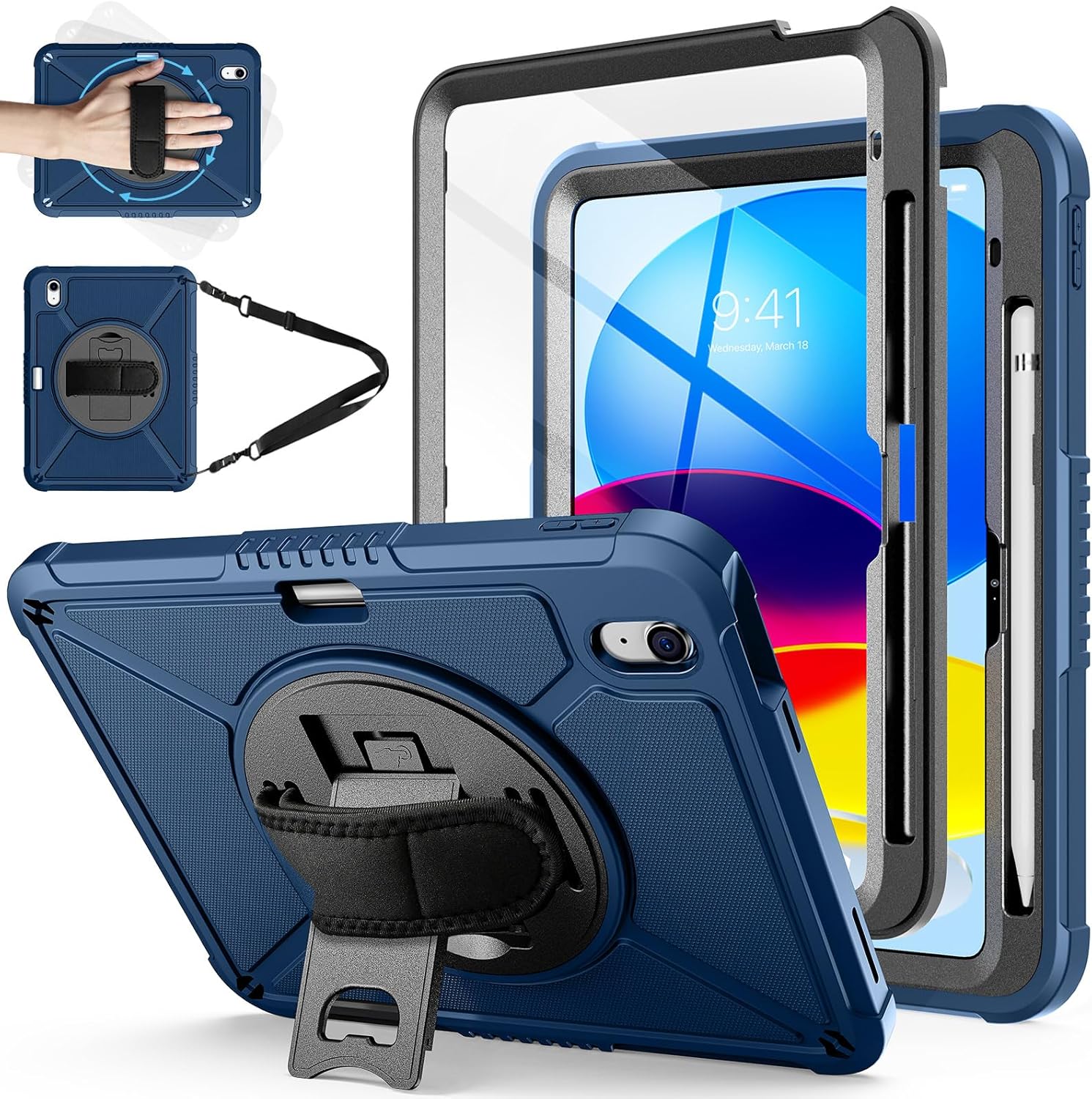 ZtotopCases for iPad 10th Generation Case 10.9 Inch with Screen Protector, Pen Holder, Handle Shoulder Strap,360 Rotating Stand Rugged Protective Case for iPad 10th Gen 2022(A2696/A2757/A2777), Blue