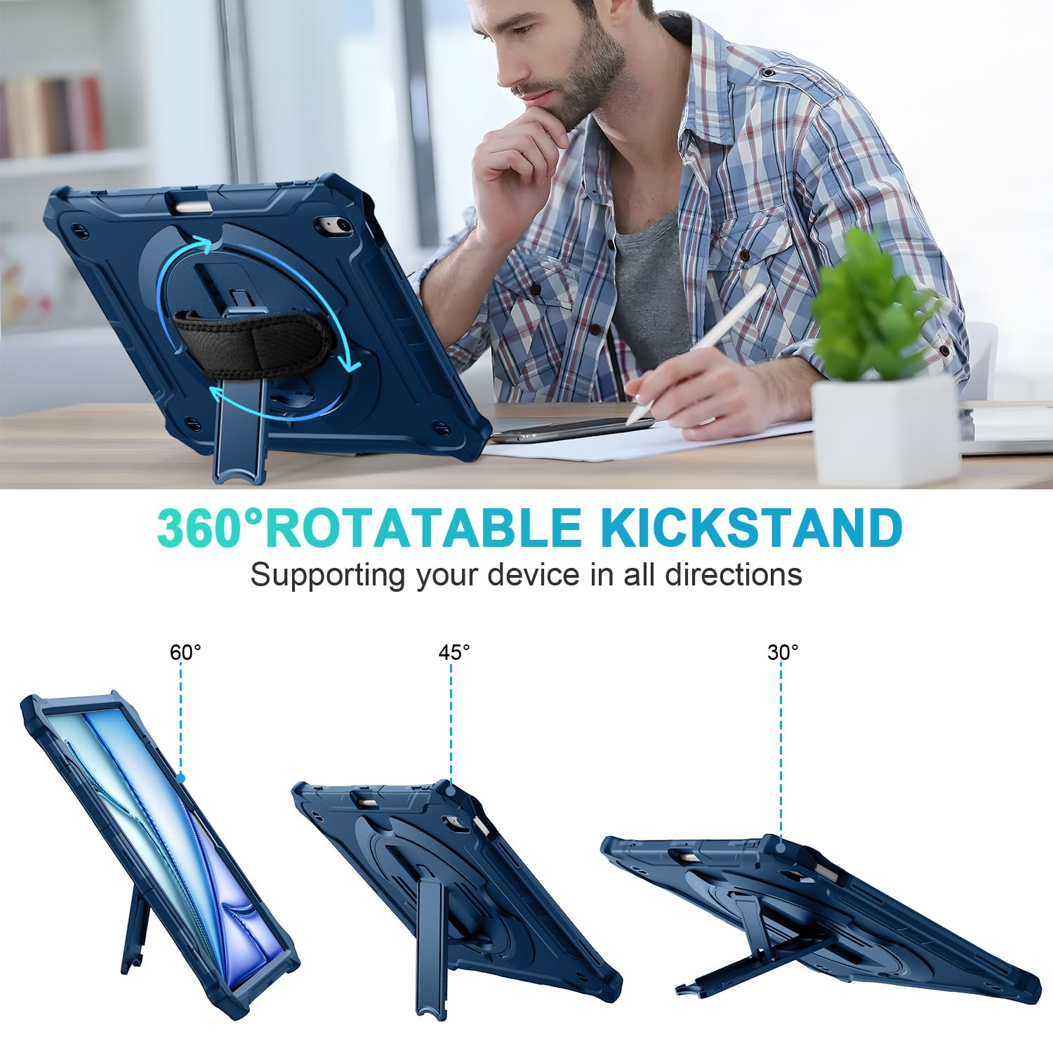 ZtotopCases for New iPad Air 13 inch (M2) Case 2024 with Pencil Holder, Shockproof Full Body Drop Protective Cover with 360° Rotating Hand Strap & Stand, Blue