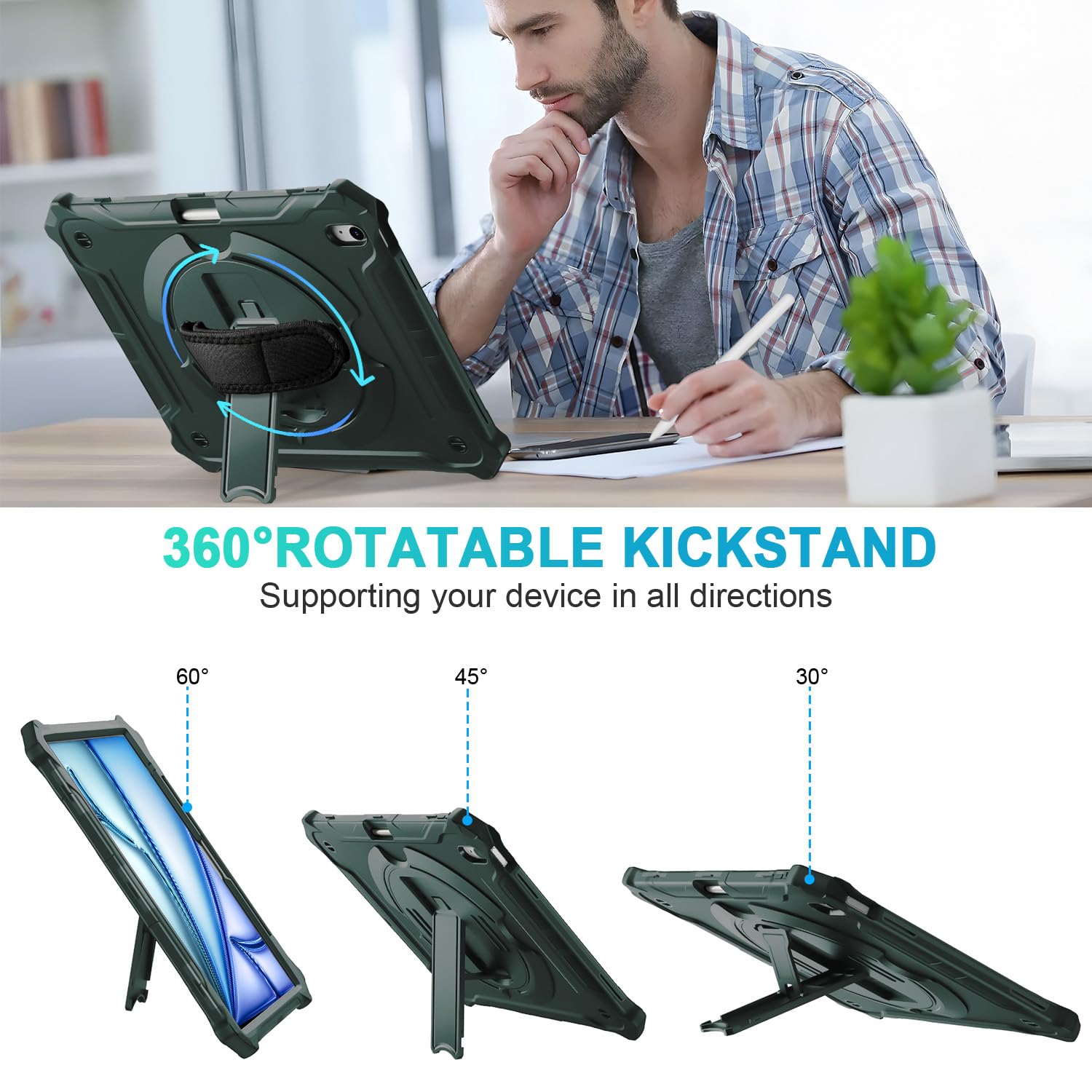 ZtotopCases for New iPad Air 13-Inch Case (M2) 2024, Shockproof Full Body Protective Cover with 360° Rotating Hand Strap &Stand, Pencil Holder, Drop Protection, Heavy Duty & Durable, Dark Green