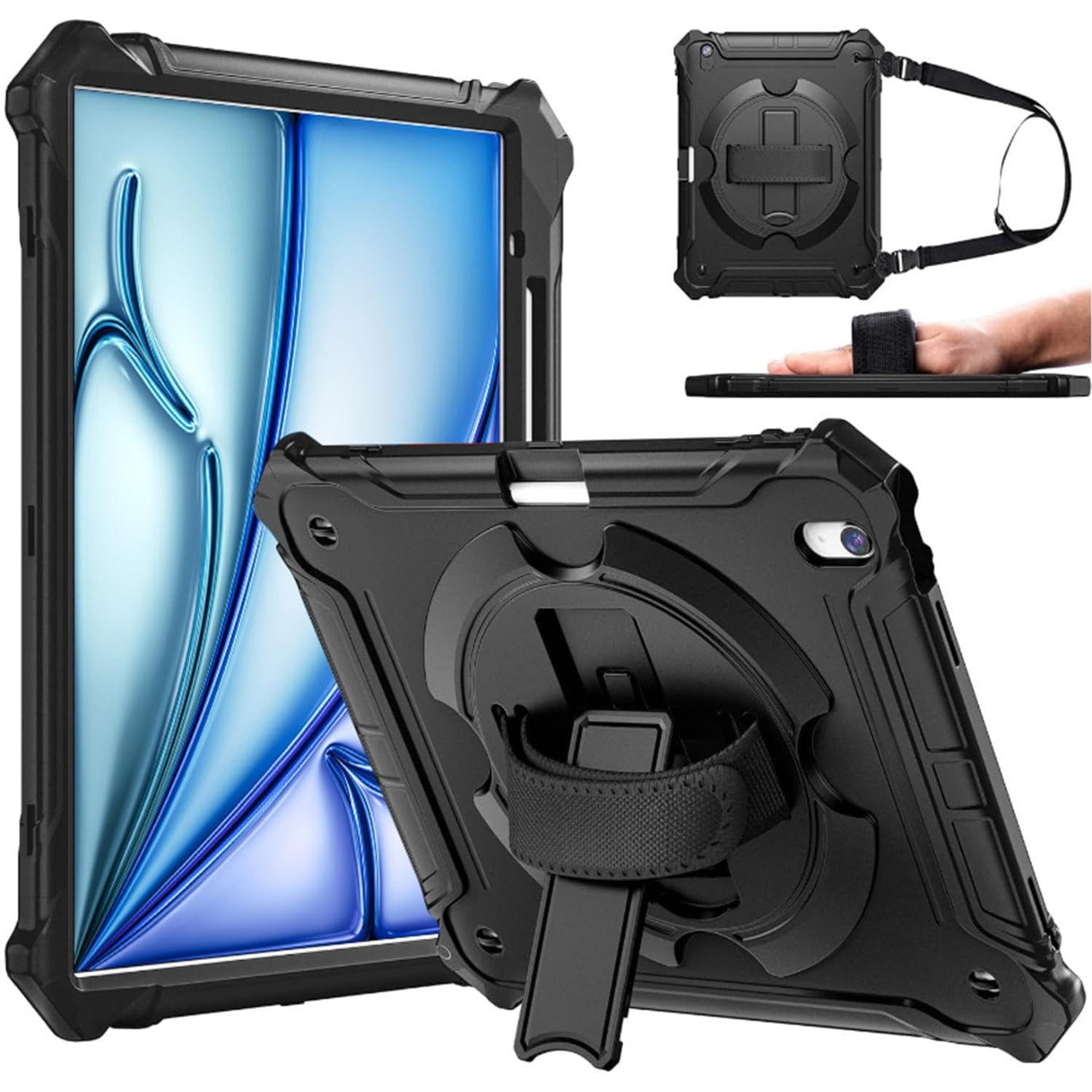 iPad Air 13 inch (M2) 2024 Shockproof Full Body Drop Protective Case with 360° Rotating Hand Strap & Stand-Black