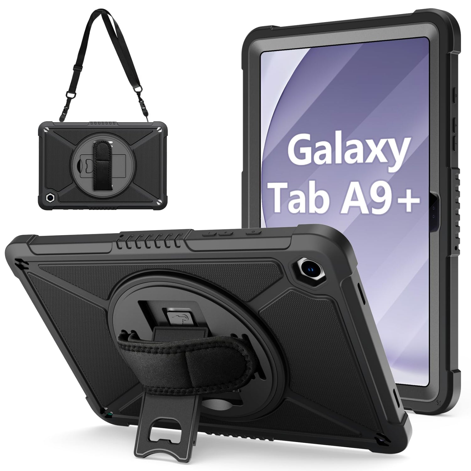 Samsung Galaxy Tab A9+ / A9 Plus 11'' Shockproof Hard Duty with Screen Protector+360 Rotating Hand Strap&Stand+Shoulder Strap Case-Black