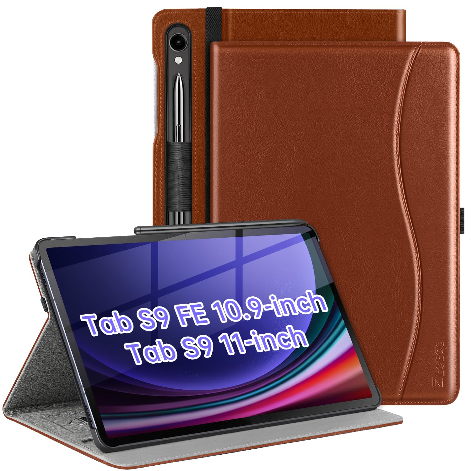 ZtotopCases for Samsung Galaxy Tab S9 FE 5G 10.9 Inch/Tab S9 11 Inch Case 2023, PU Leather Business Cover with Auto Sleep/Wake, Front Pocket, Hand Strap for Samsung S9 FE Tablet Support S Pen, Brown