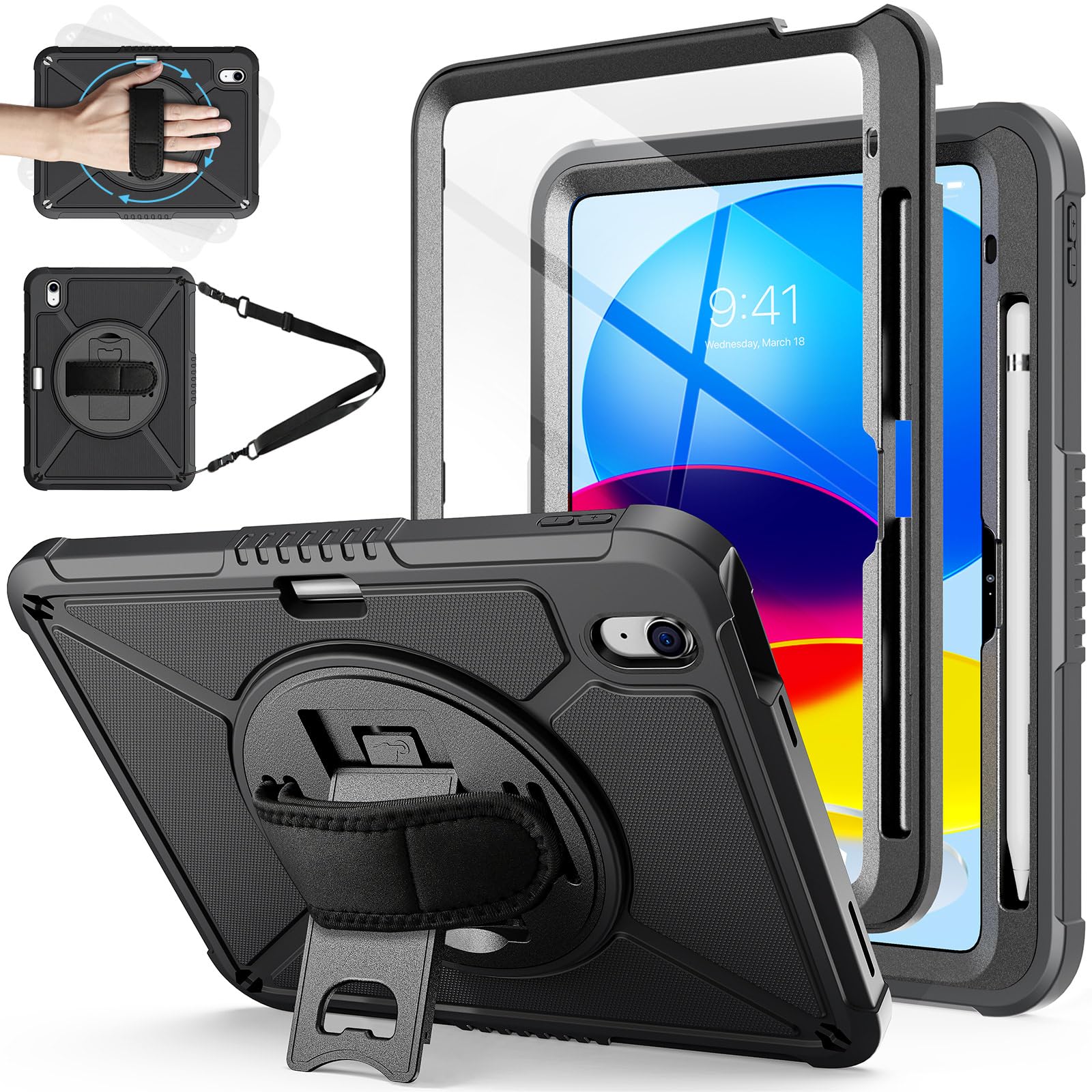 ZtotopCases for iPad 10th Generation Case 10.9 Inch with Screen Protector, Pen Holder, Handle Shoulder Strap,360 Rotating Stand Rugged Protective Case for iPad 10th Gen 2022(A2696/A2757/A2777)