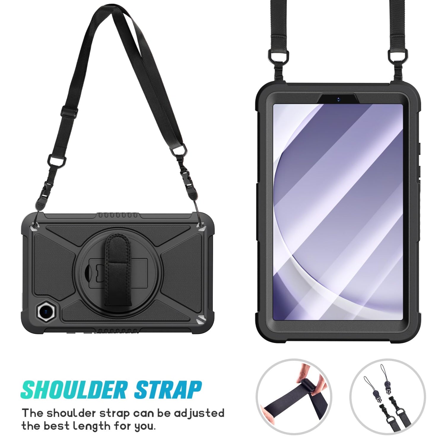 Samsung Galaxy Tab A9 8.7 Inch with 360 Rotating Hand Strap & Shoulder Strap Heavy Duty Shockproof Protective Case-Black