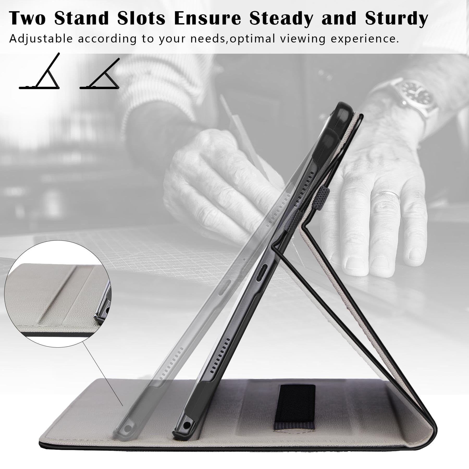 ZtotopCases for Samsung Galaxy Tab A9 Plus 11 Inch 5G 2023 Case with 2 Tempered Glass Screen Protectors, PU Leather Cover with Hand Strap, Front Pocket for Tablet A9+ 11''(SM-X210/X216/X218), Black