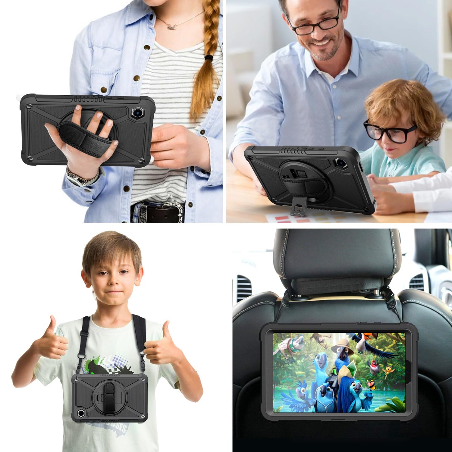 Samsung Galaxy Tab A9 8.7 Inch with 360 Rotating Hand Strap & Shoulder Strap Heavy Duty Shockproof Protective Case-Black